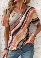 Multi Color Button Geometric Print Short Sleeve T Shirt