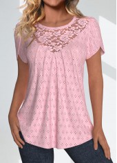 Light Pink Lace Short Sleeve Round Neck T Shirt