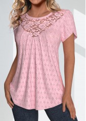 Light Pink Lace Short Sleeve Round Neck T Shirt