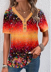 Orange Button Ditsy Floral Print Short Sleeve T Shirt