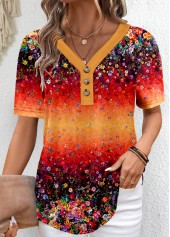 Orange Button Ditsy Floral Print Short Sleeve T Shirt | thumb picture 