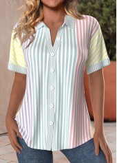 Multi Color Button Striped Short Sleeve Shirt Collar Blouse
