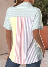 Multi Color Button Striped Short Sleeve Shirt Collar Blouse | thumb picture 