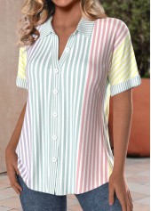 Multi Color Button Striped Short Sleeve Shirt Collar Blouse | thumb picture 