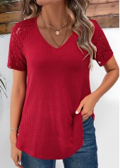 Wine Red Lace Short Sleeve V Neck T Shirt