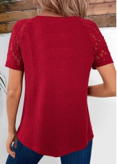 Wine Red Lace Short Sleeve V Neck T Shirt | thumb picture 