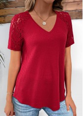 Wine Red Lace Short Sleeve V Neck T Shirt | thumb picture 