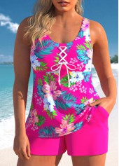Lace Up Tropical Plants Print Hot Pink Tankini Set