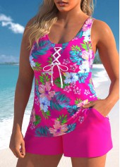 Lace Up Tropical Plants Print Hot Pink Tankini Set | thumb picture 