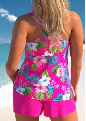 Lace Up Tropical Plants Print Hot Pink Tankini Set | thumb picture 