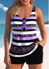 Lace Up Striped Light Purple Tankini Set