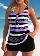 Lace Up Striped Light Purple Tankini Set | thumb picture 