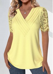 Light Yellow Lace Short Sleeve V Neck T Shirt | thumb picture 