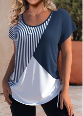 Navy Patchwork Striped Short Sleeve Round Neck T Shirt | thumb picture 