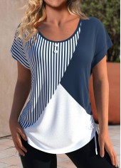 Navy Patchwork Striped Short Sleeve Round Neck T Shirt