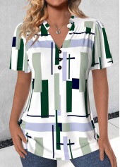 Multi Color Split Geometric Print Short Sleeve Blouse