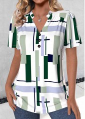 Multi Color Split Geometric Print Short Sleeve Blouse