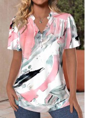 Light Pink Frill Graffiti Print Short Sleeve Blouse