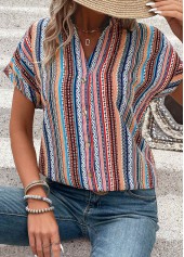 Multi Color Button Tribal Print Short Sleeve Blouse | thumb picture 