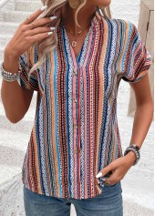 Multi Color Button Tribal Print Short Sleeve Blouse