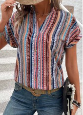Multi Color Button Tribal Print Short Sleeve Blouse | thumb picture 