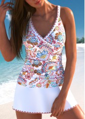 Criss Cross Paisley Print White Tankini Set