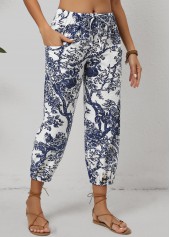 White Pocket Leaf Print Jogger Drawastring Mid Waisted Pants