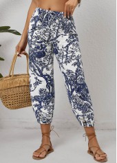 White Pocket Leaf Print Jogger Drawastring Mid Waisted Pants