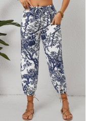 White Pocket Leaf Print Jogger Drawastring Mid Waisted Pants