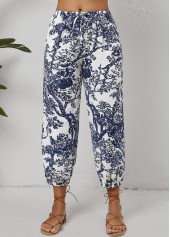 White Pocket Leaf Print Jogger Drawastring Mid Waisted Pants