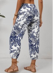 White Pocket Leaf Print Jogger Drawastring Mid Waisted Pants