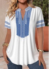 White Patchwork Tribal Print Short Sleeve Split Neck Blouse