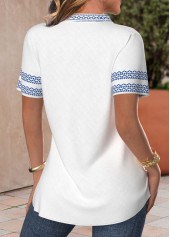 White Patchwork Tribal Print Short Sleeve Split Neck Blouse | thumb picture 