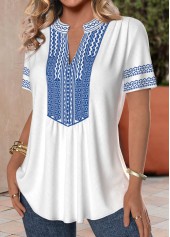 White Patchwork Tribal Print Short Sleeve Split Neck Blouse | thumb picture 