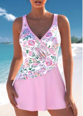 Surplice Floral Print Light Pink One Piece Swimdress
