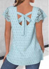 Light Blue Bowknot Short Sleeve V Neck T Shirt