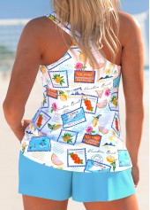 Lace Up Letter Print Cyan Tankini Set | thumb picture 