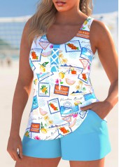 Lace Up Letter Print Cyan Tankini Set | thumb picture 