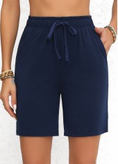 Navy Double Side Pockets Elastic Waist High Waisted Shorts