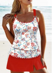Circular Ring Floral Print Red Tankini Set