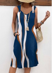 Peacock Blue Pocket Wave Pattern Print A Line Dress | thumb picture 