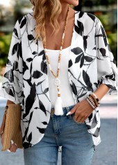 White Lightweight Leaf Print 3/4 Sleeve Light Cardigan | thumb picture 