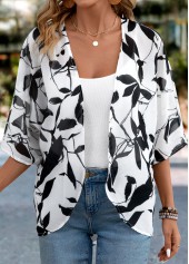 White Lightweight Leaf Print 3/4 Sleeve Light Cardigan