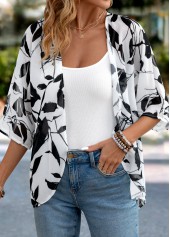 White Lightweight Leaf Print 3/4 Sleeve Light Cardigan | thumb picture 