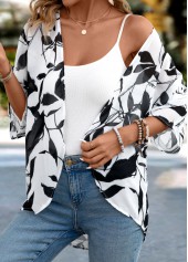 White Lightweight Leaf Print 3/4 Sleeve Light Cardigan | thumb picture 