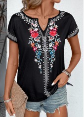 Black Floral Print Short Sleeve Split Neck T Shirt