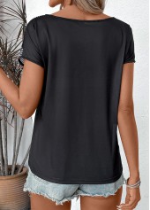 Black Floral Print Short Sleeve Split Neck T Shirt
