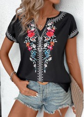 Black Floral Print Short Sleeve Split Neck T Shirt