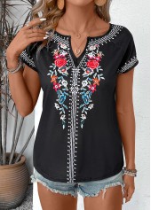 Black Floral Print Short Sleeve Split Neck T Shirt