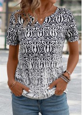 Black Tribal Print Short Sleeve Split Neck T Shirt